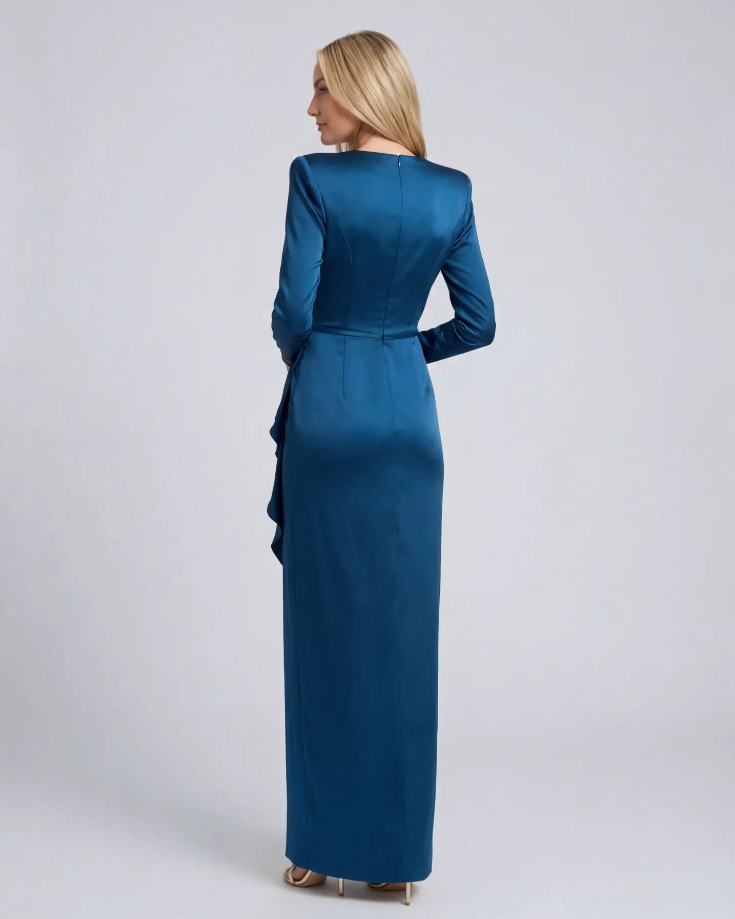 Petite Blue Long Sleeve Satin Structured Bow Draped Column Gown - Image 3