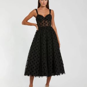 Petite Black Polka Dot Tulle A-Line Midi Dress