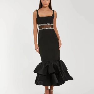 Petite Black Crepe Ruffle Hem Midi Dress With Jewel Detail