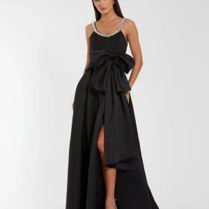 Petite Black Satin Gown With Pearl Neckline and Bow Detail