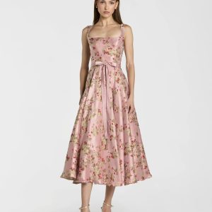 Petite Pink Sleeveless Brocade A Line Midi Dress