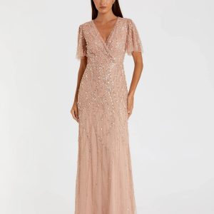 Petite Pink Embellished Flutter Sleeve Gown