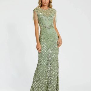 Petite Green High Neck Beaded Fringe Fitted Gown