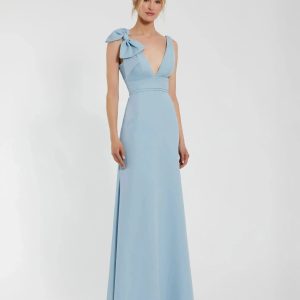 Petite Blue Sleeveless V Neck Bow Detail Mermaid Gown