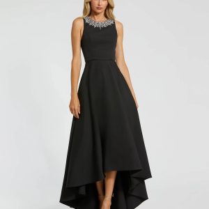 Petite Black Crepe Embellished Neck High Low Gown