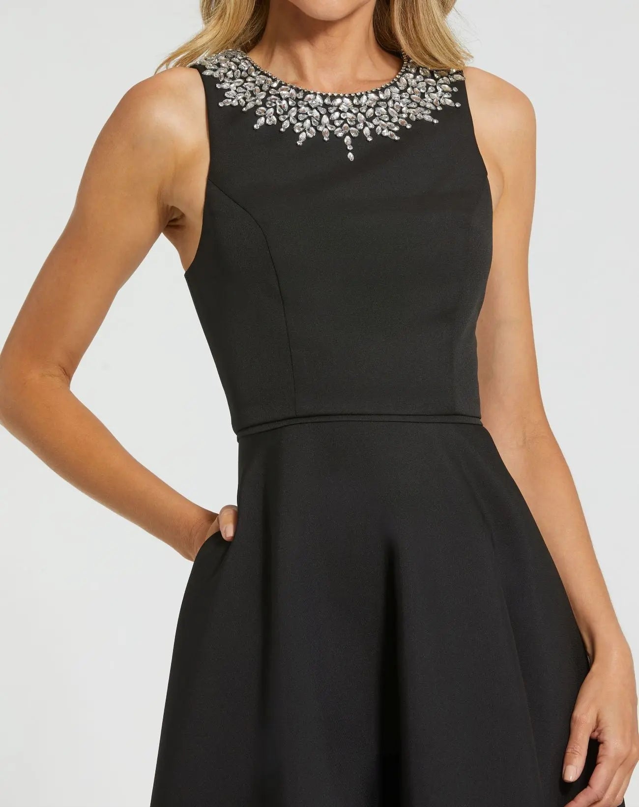 Petite Black Crepe Embellished Neck High Low Gown - Image 2