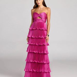 Petite Pink Pleated Charmeuse Strapless Tiered Ruffle Gown