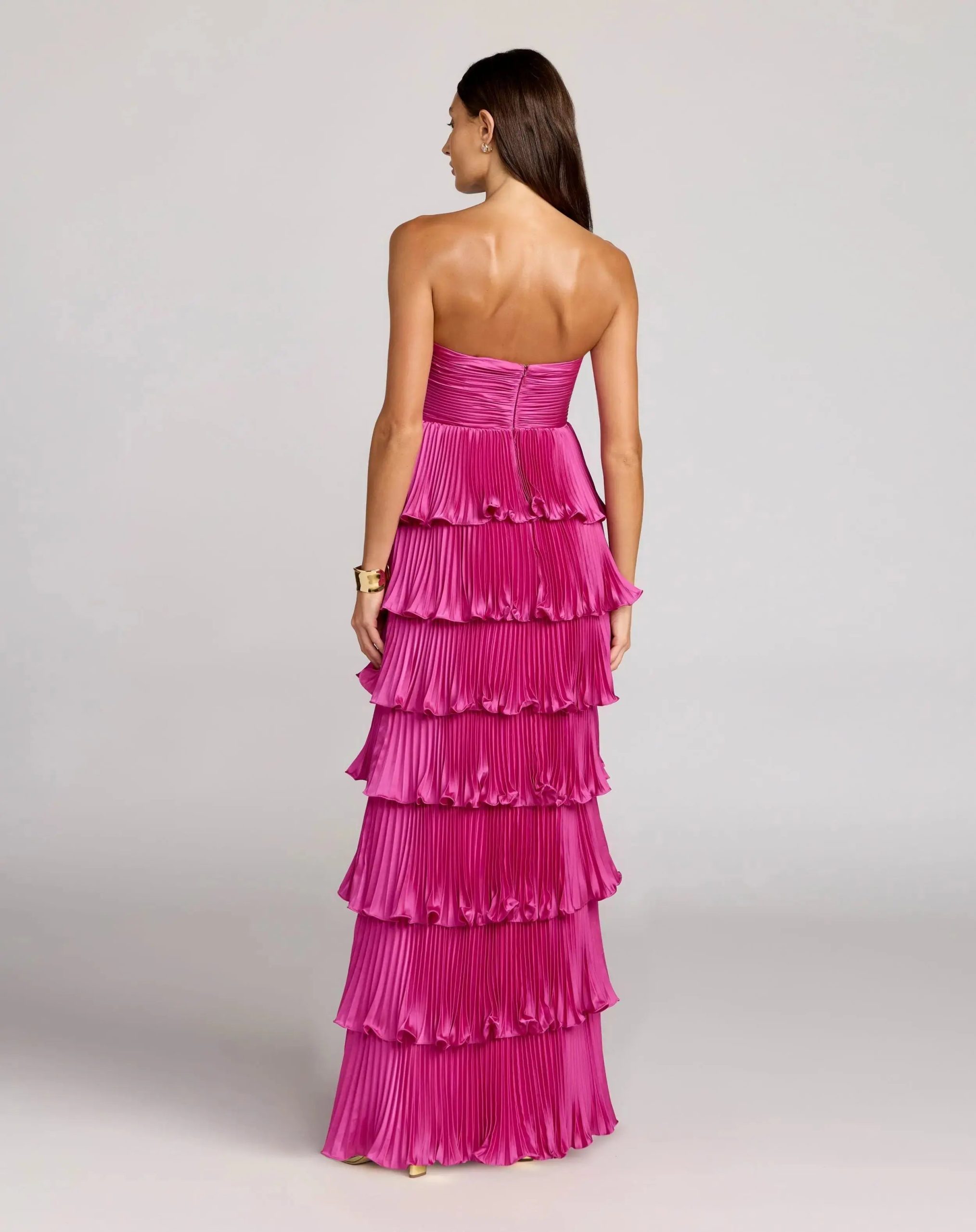 Petite Pink Pleated Charmeuse Strapless Tiered Ruffle Gown - Image 3