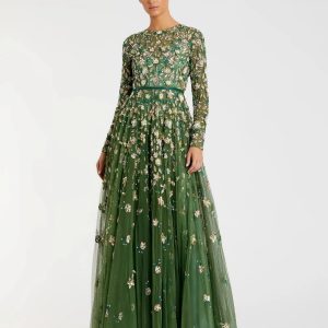 Petite Green Embellished High Neck Long Sleeve A Line Gown