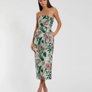 Petite Multicolor Floral Brocade Strapless Fitted Midi Dress