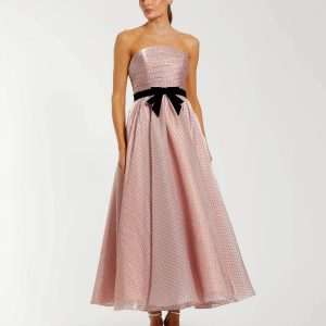 Petite Pink Polka Dot Organza Strapless Dress With Bow