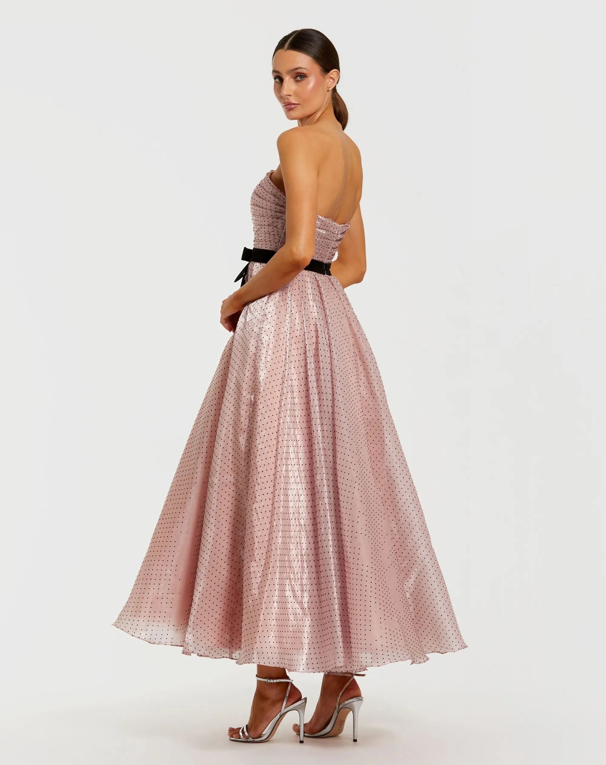 Petite Pink Polka Dot Organza Strapless Dress With Bow - Image 3