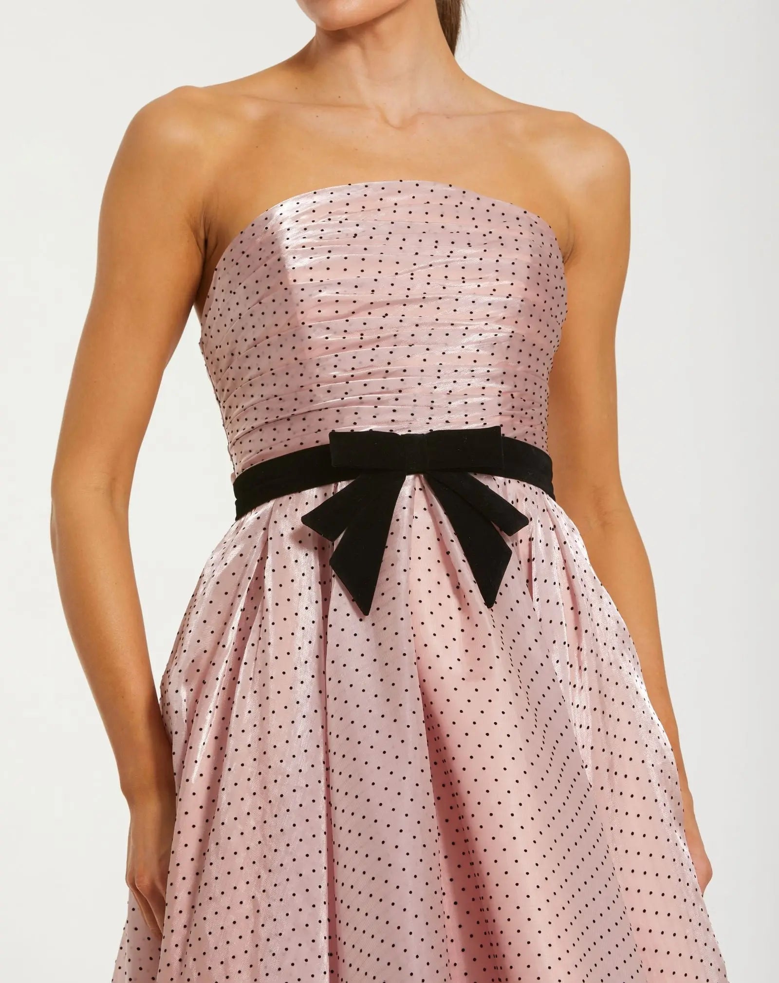 Petite Pink Polka Dot Organza Strapless Dress With Bow - Image 2