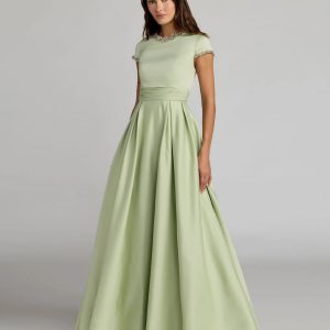 Petite Green Embellished Satin Cap Sleeve Ball Gown