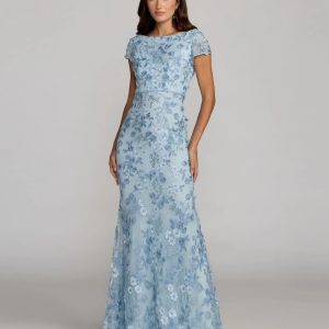 Petite Blue Floral Applique Boat Neck Cap Sleeve Gown