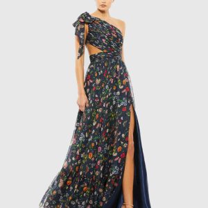 Petite Navy Tied One Shoulder Cut-Out Flowy Gown