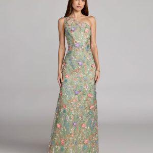 Petite Green One Shoulder Floral Embroidered Gown