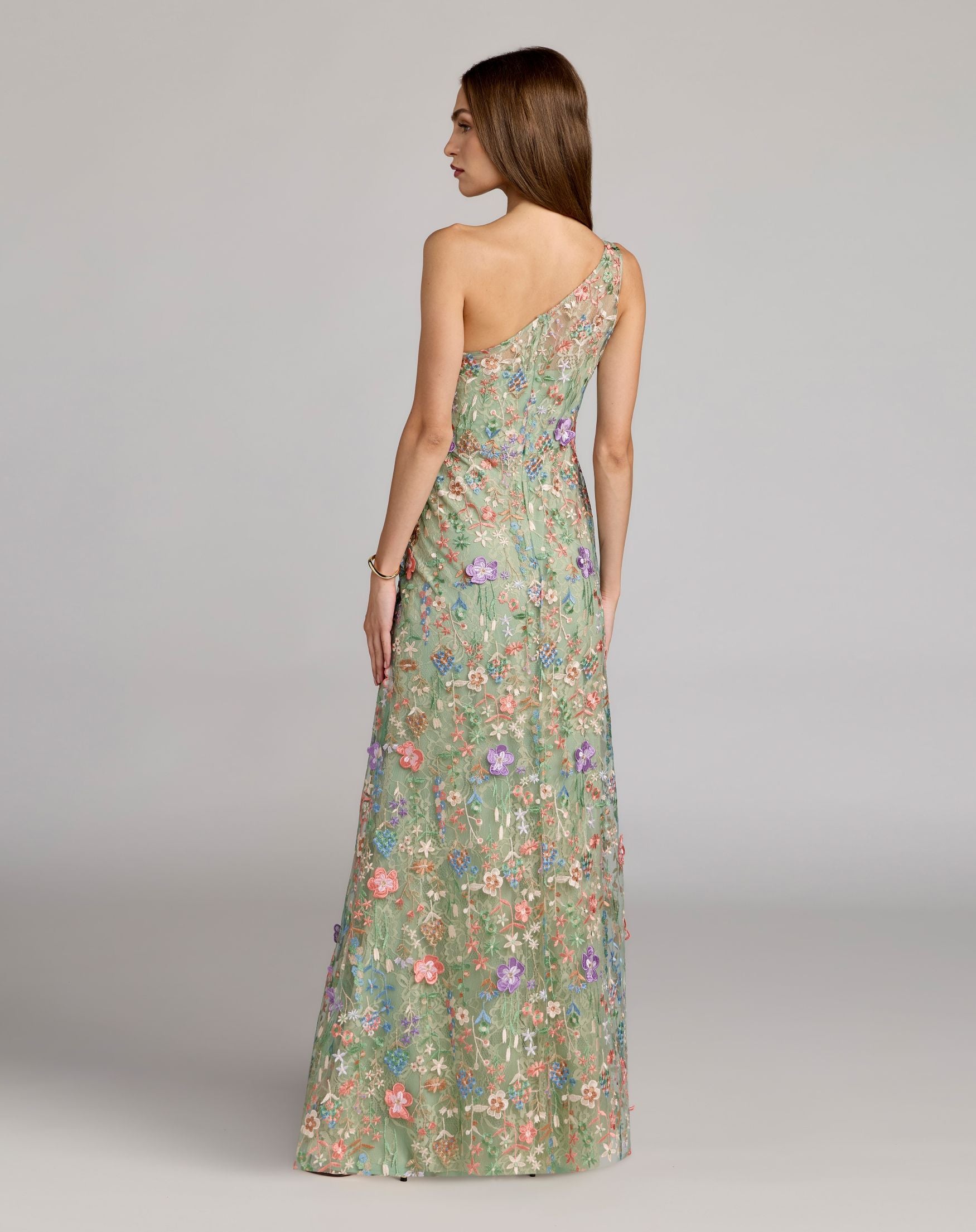 Petite Green One Shoulder Floral Embroidered Gown - Image 3