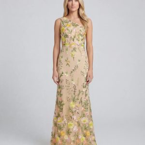 Petite Beige One Shoulder Lace Embroidered Gown