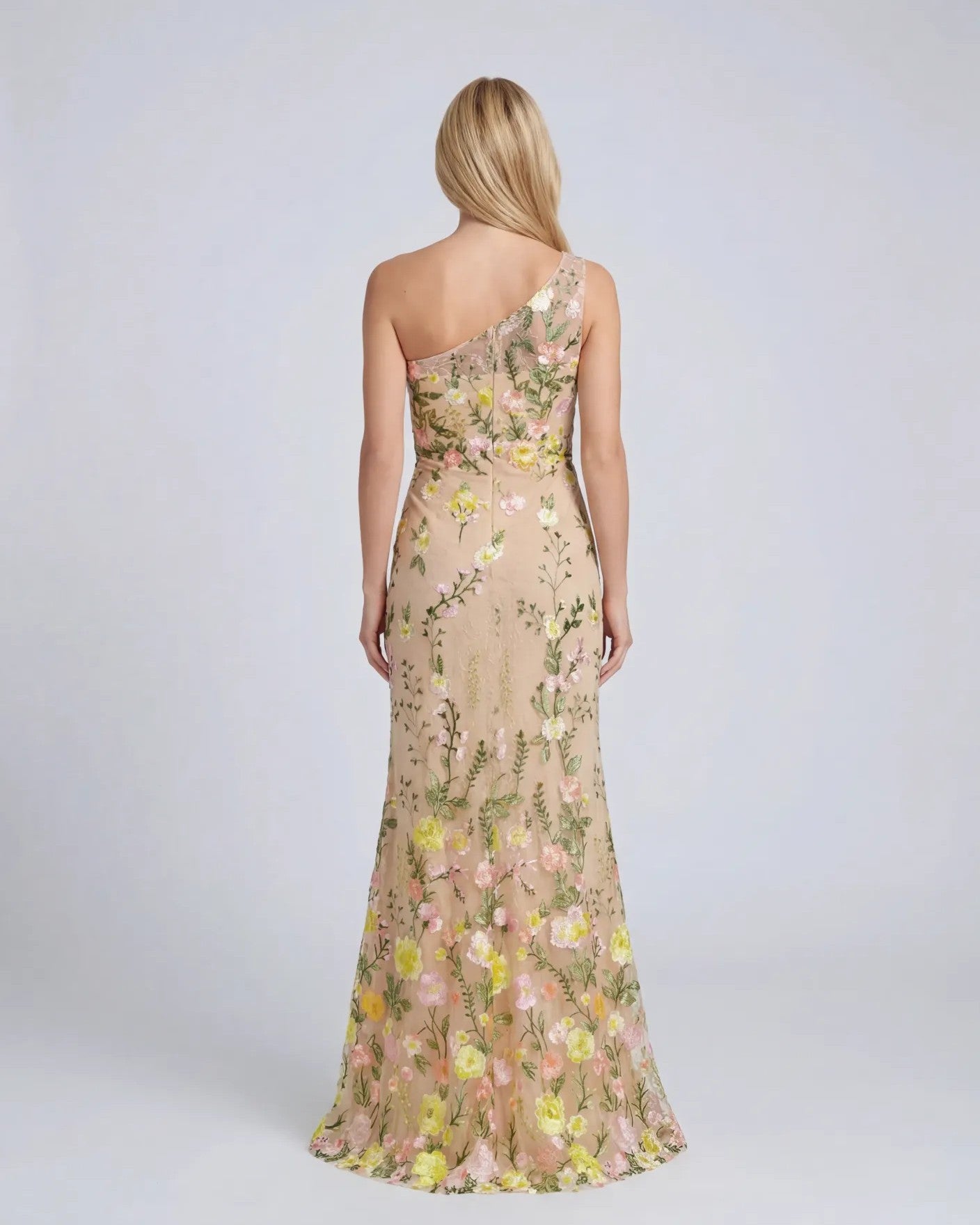 Petite Beige One Shoulder Lace Embroidered Gown - Image 3