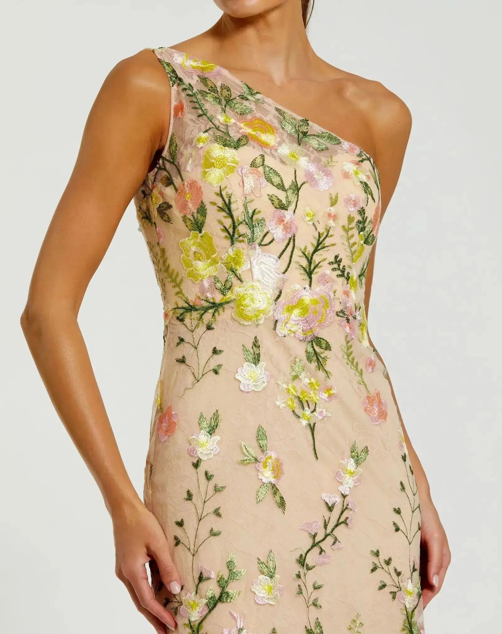 Petite Beige One Shoulder Lace Embroidered Gown - Image 2