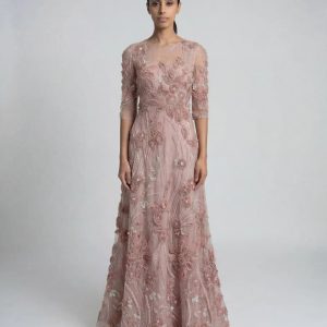 Petite Pink High Neck Embellished Lace Gown with 3/4 Sleeves