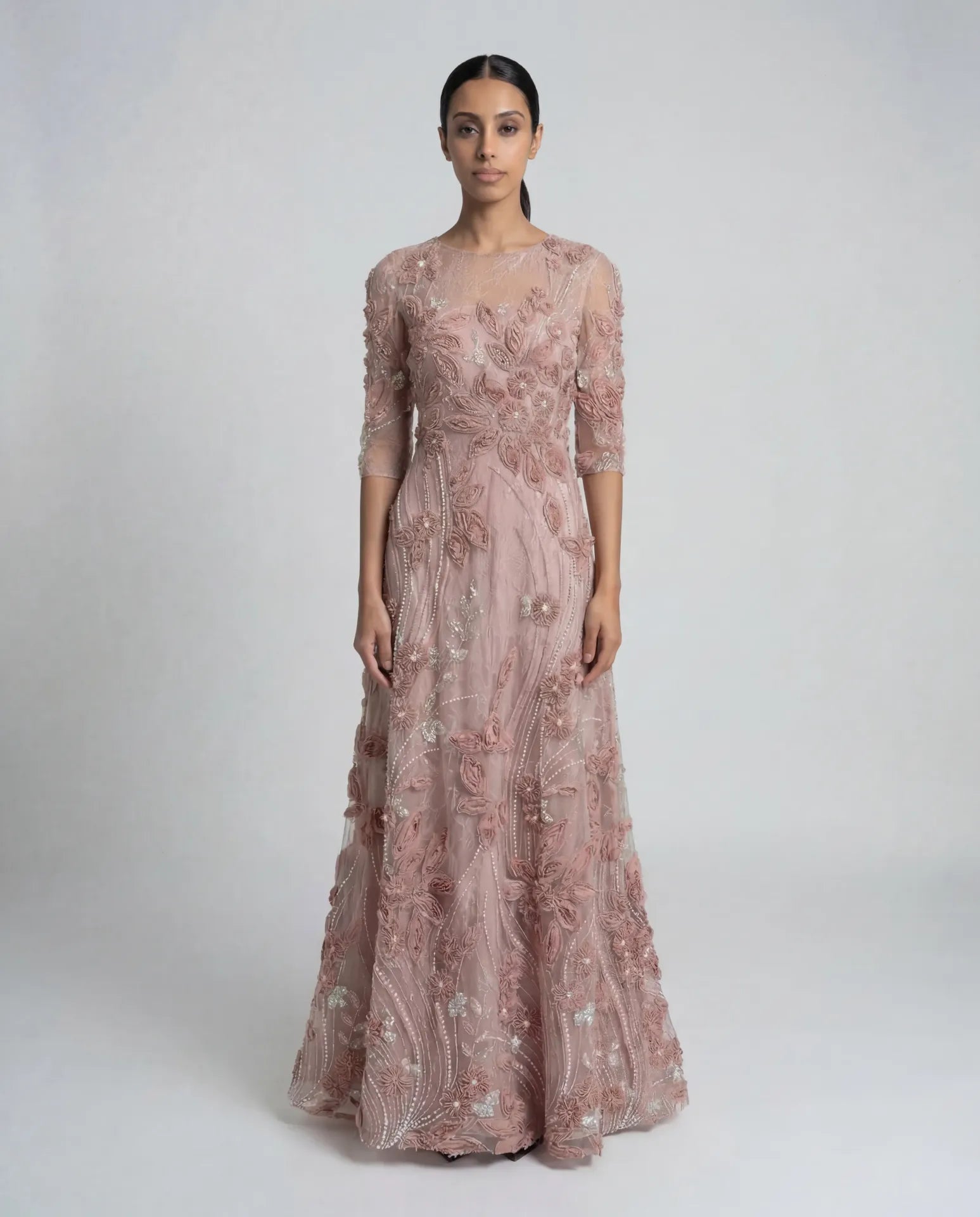 Petite Pink High Neck Embellished Lace Gown with 3/4 Sleeves