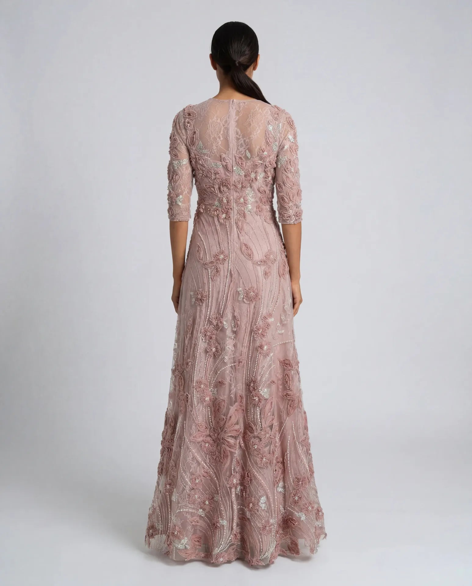Petite Pink High Neck Embellished Lace Gown with 3/4 Sleeves - Image 3