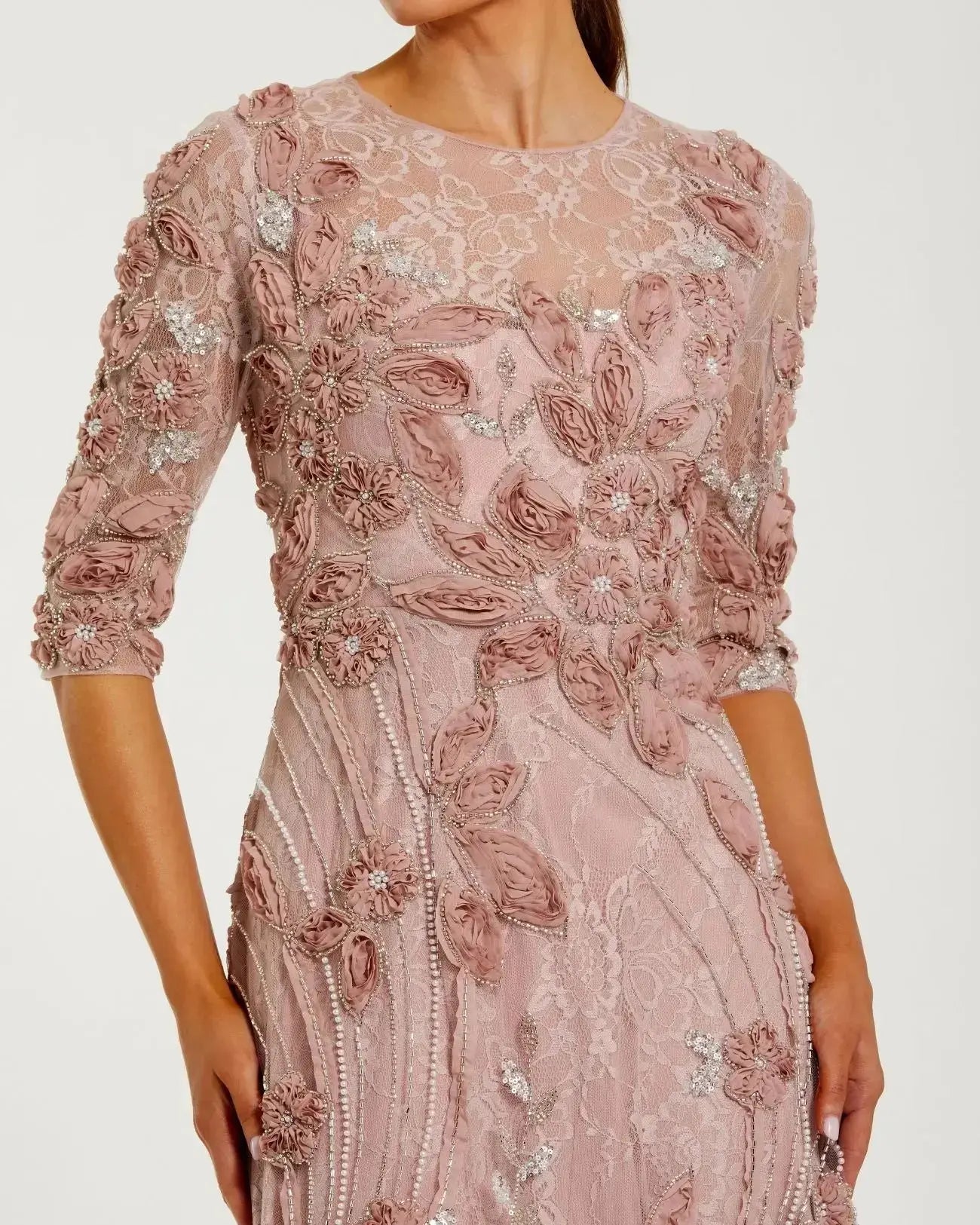 Petite Pink High Neck Embellished Lace Gown with 3/4 Sleeves - Image 2
