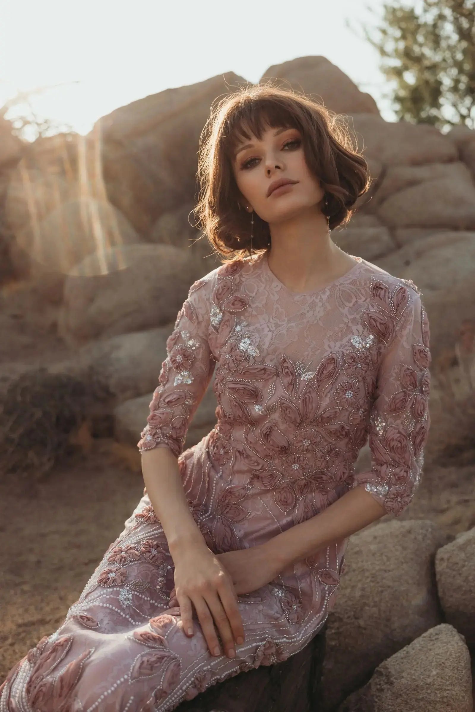 Petite Pink High Neck Embellished Lace Gown with 3/4 Sleeves - Image 5
