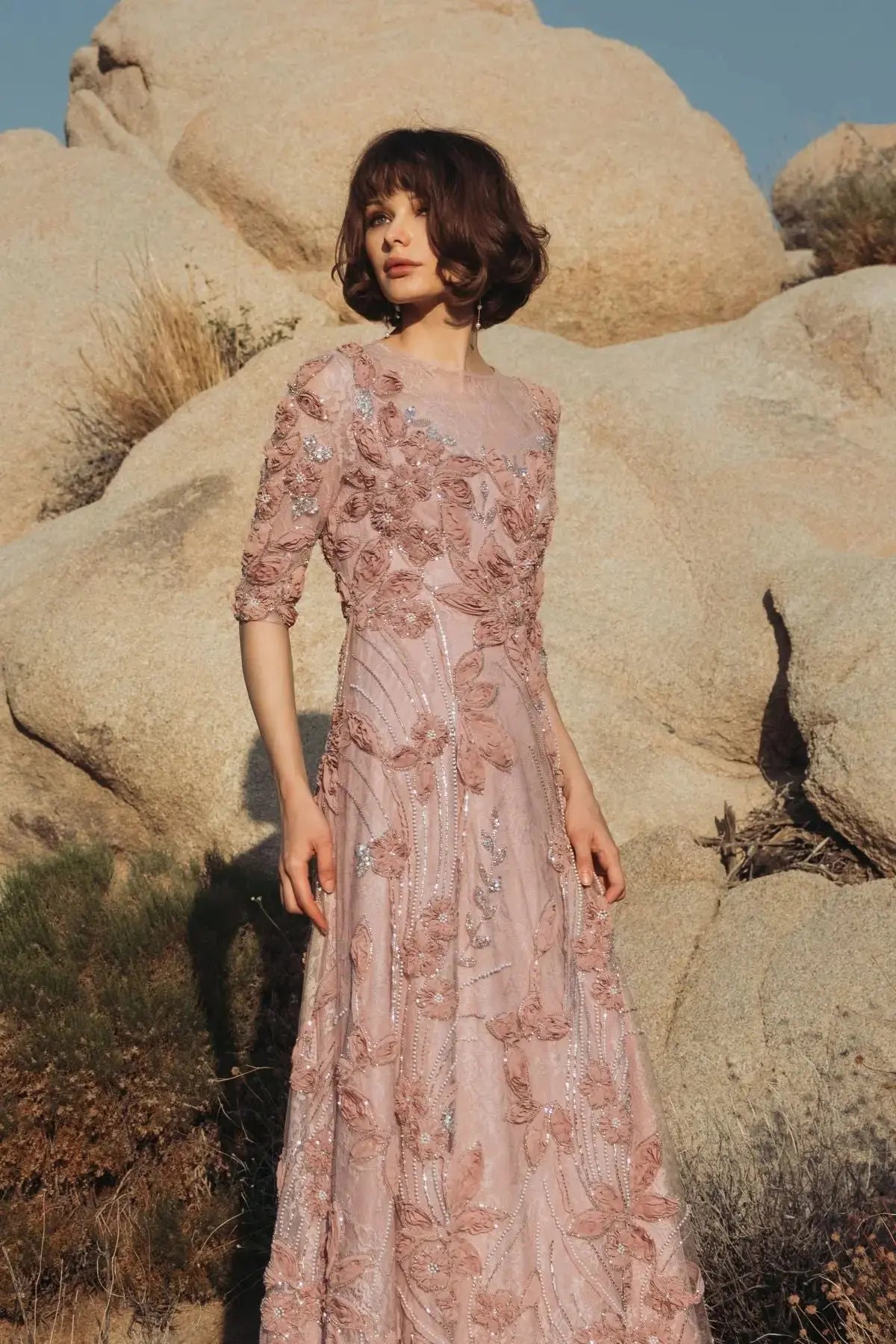 Petite Pink High Neck Embellished Lace Gown with 3/4 Sleeves - Image 6