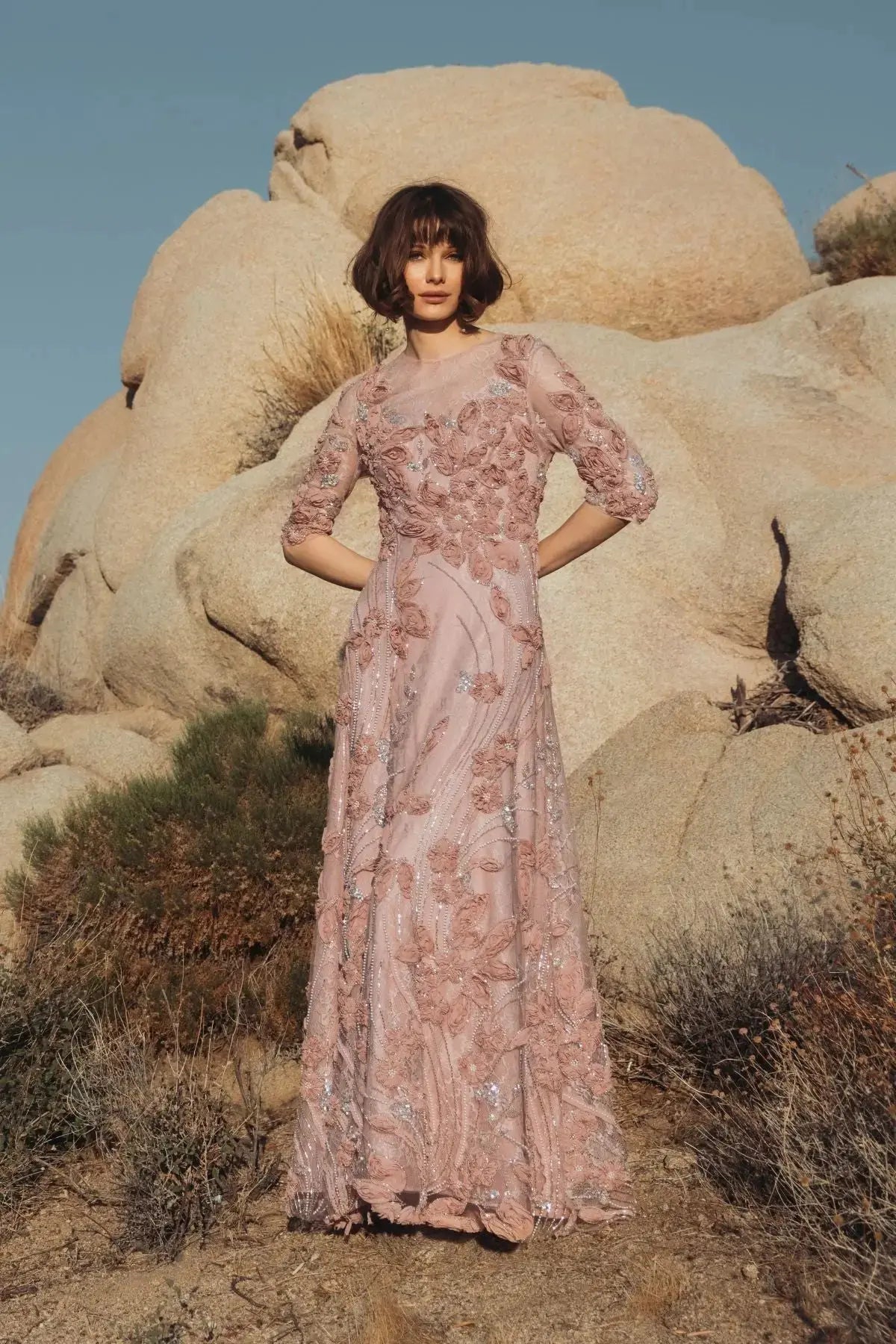 Petite Pink High Neck Embellished Lace Gown with 3/4 Sleeves - Image 4