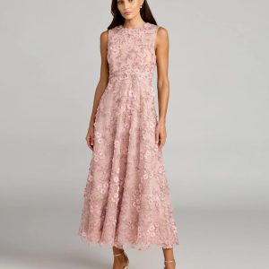 Petite Pink Floral Embroidered High Neck Midi Dress