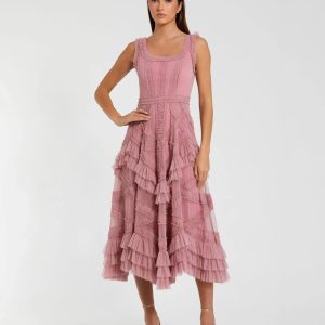 Petite Pink Scoop Neck Sleeveless Micro Ruffle Midi Dress