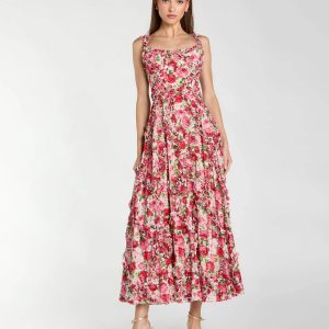 Petite Pink Ruffle Scoop Neck Floral A-Line Dress