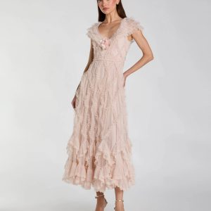 Petite Pink Micro Ruffle Cap Sleeve A-Line Midi Dress