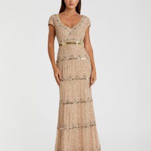 Petite Gold Sequin Cap Sleeve Sweetheart Column Gown