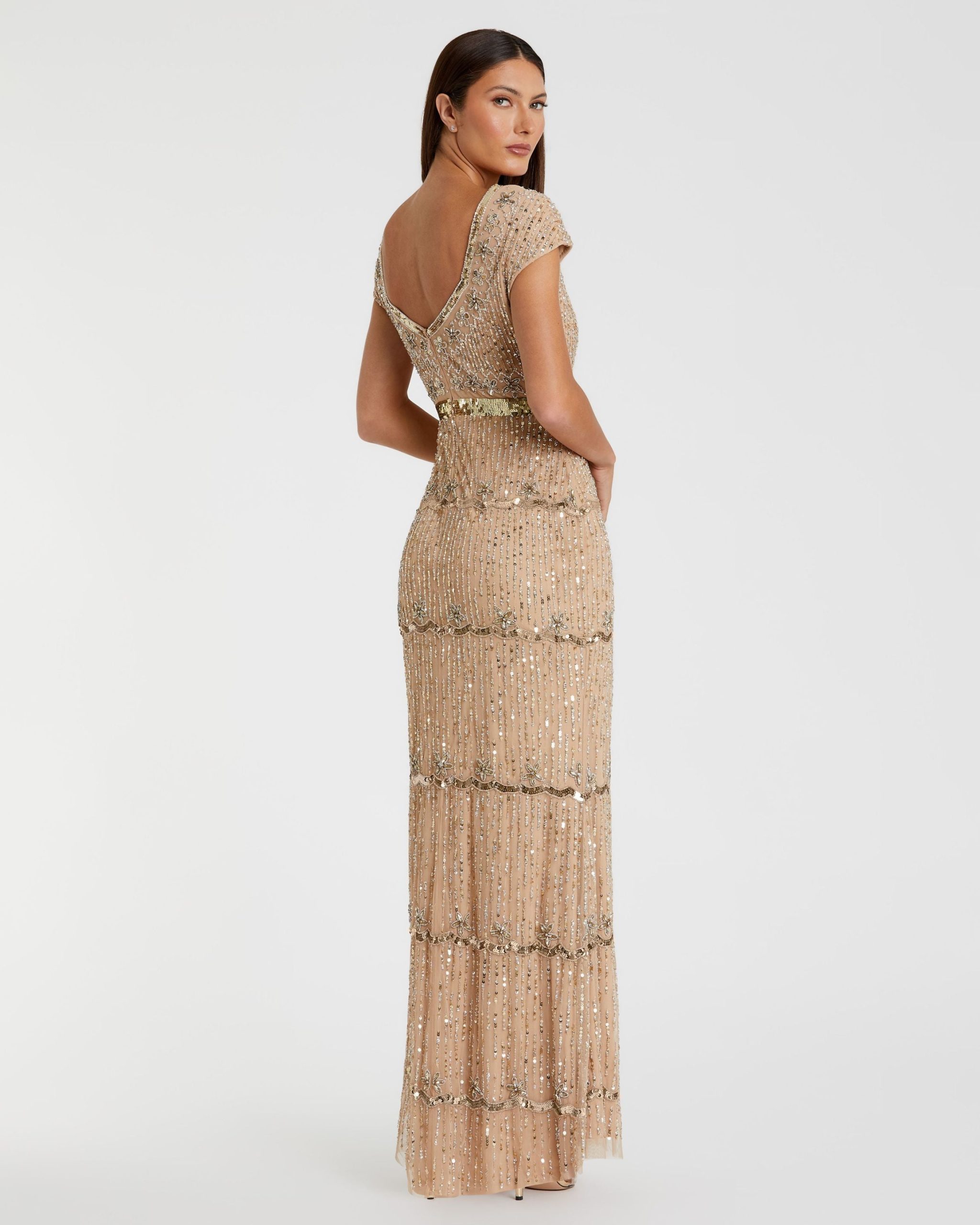 Petite Gold Sequin Cap Sleeve Sweetheart Column Gown - Image 3