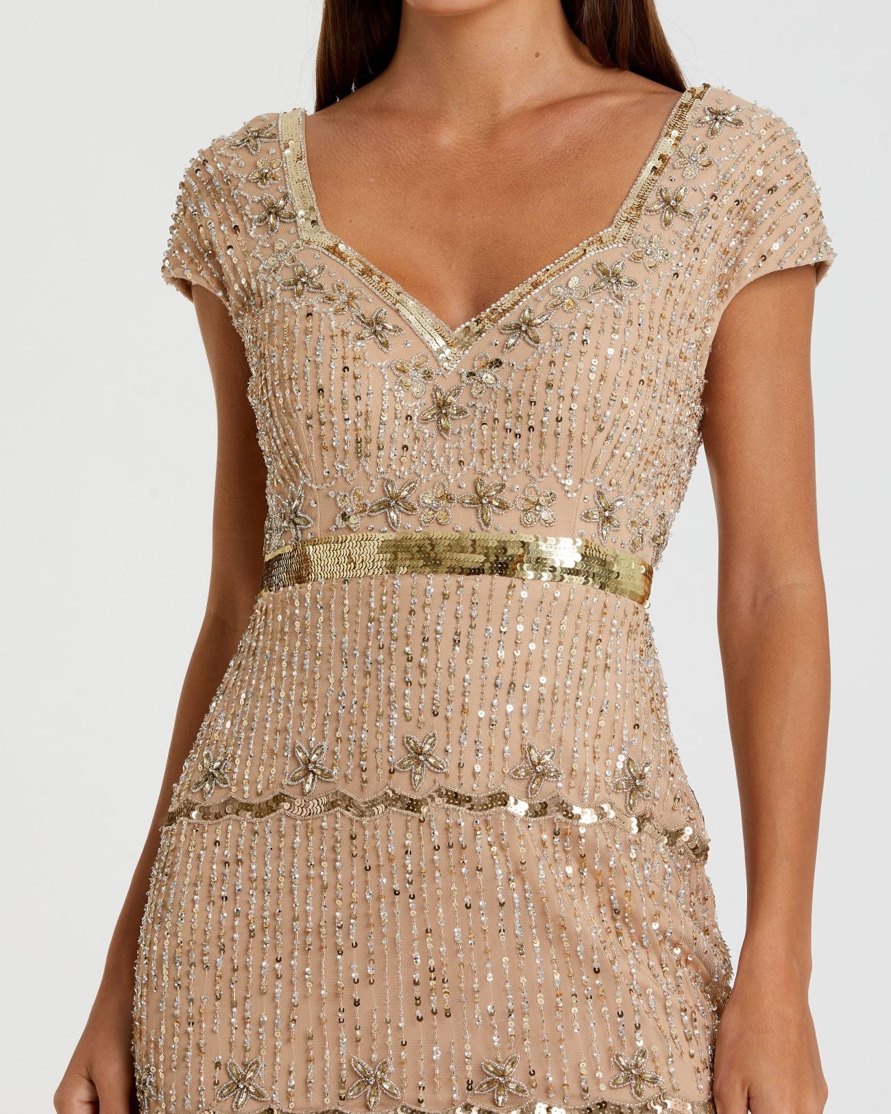 Petite Gold Sequin Cap Sleeve Sweetheart Column Gown - Image 2