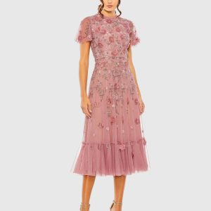Petite Pink Embellished High Neck Flutter Sleeve A Line Dress