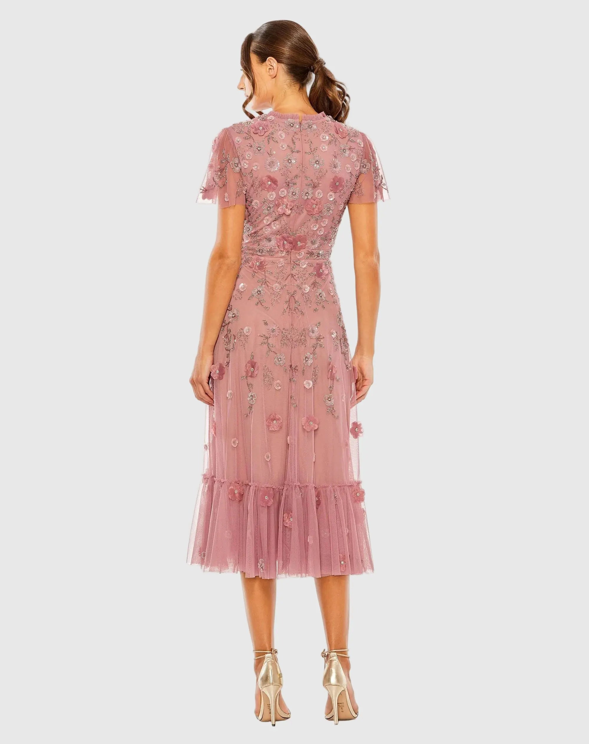 Petite Pink Embellished High Neck Flutter Sleeve A Line Dress - Image 3