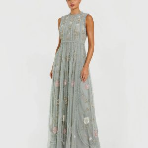 Petite Green Floral Mesh Sleeveless A Line Micro Ruffle Gown