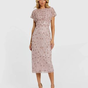 Petite Pink Cap Sleeve Sheath Midi Dress With Floral Beading