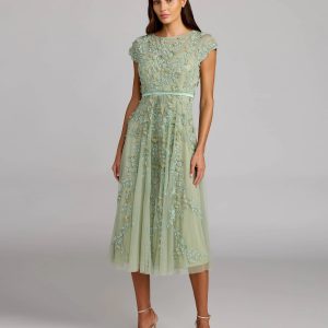 Petite Green Floral Embellished Cap Sleeve Midi Dress