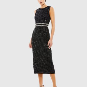 Black Sleeveless High Neck Beaded Midi Sheath Dress