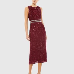 Dark Red Sleeveless High Neck Beaded Midi Sheath Dress