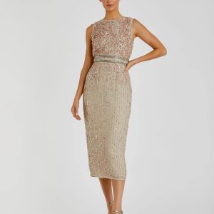 Nude Sleeveless High Neck Beaded Midi Sheath Dress - FINAL SALE