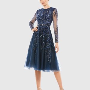 Navy Embellished Tea-Length Illusion Cocktail Dress