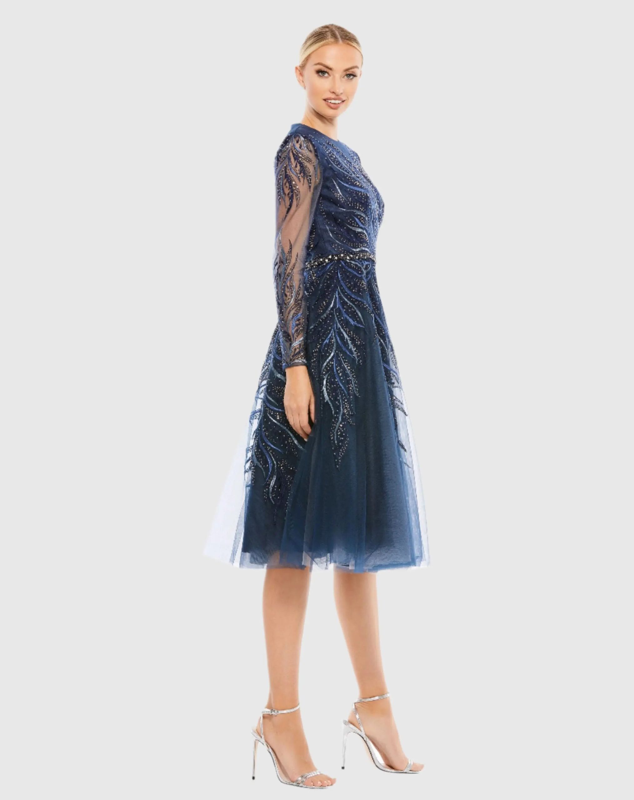Navy Embellished Tea-Length Illusion Cocktail Dress - Image 3