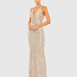 Gold Sequined Halter Strap Plunge Neck Gown